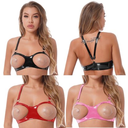 Faux Leather Open Cup Bra - Image 2